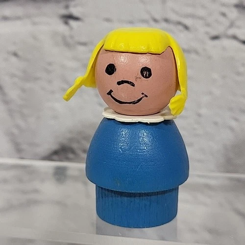 Vintage Fisher-Price Little People Wooden Figure Little Girl Blonde Pigtails