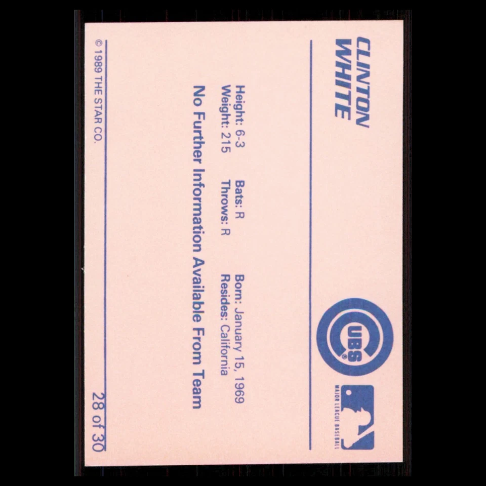 Clinton White #28 1989 Star Wytheville Cubs Baseball Card MLB NM - Image 2 of 3