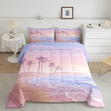 Pink Beach Comforter Set Full Size,Coconut Tree Bedding Set 3Pcs for Boys Gir...