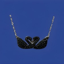 Swarovski Jet Black Crystal Double Swan Heart Pendant Silvertone Necklace-VGUC