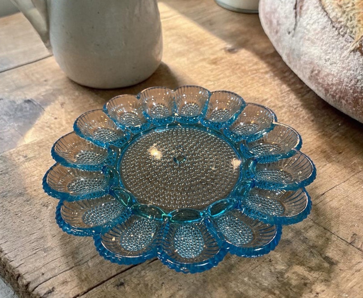 Vintage Rare Ice Blue* Indiana Glass Hobnail Deviled Egg Plate 11