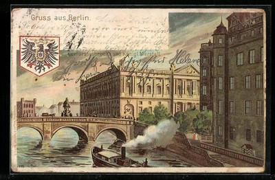 Lithographie Berlin, Kurfürstenbrücke und Königlicher Marstall, Wappen 1900 