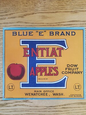 Original Full Size Blue E  Brand Wood Apple Crate Label, Dow Fruit Co Wenatchee