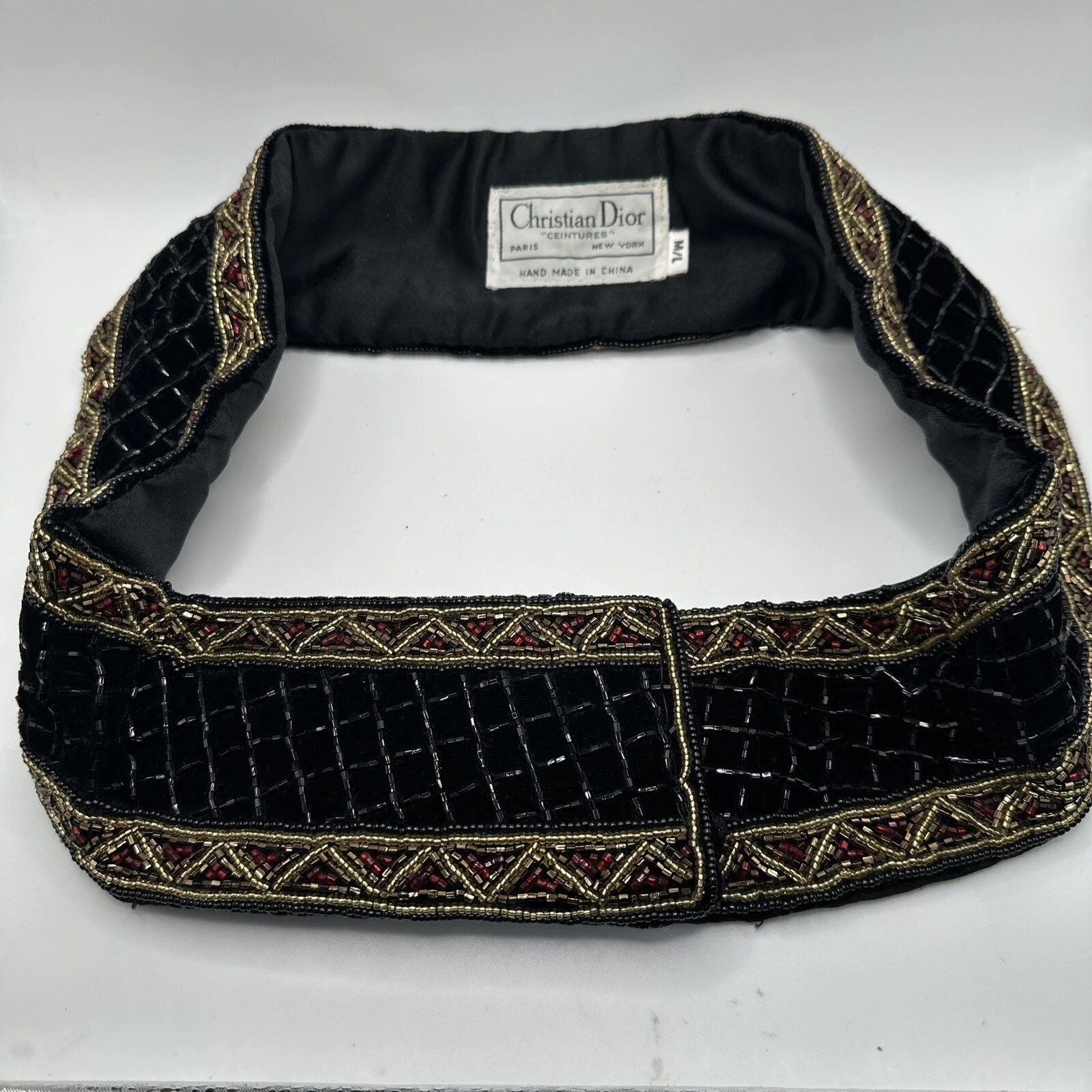 Ceinture perlée satinée réglable Christian Dior avec paillettes Gld/Bl/Rd 35,5