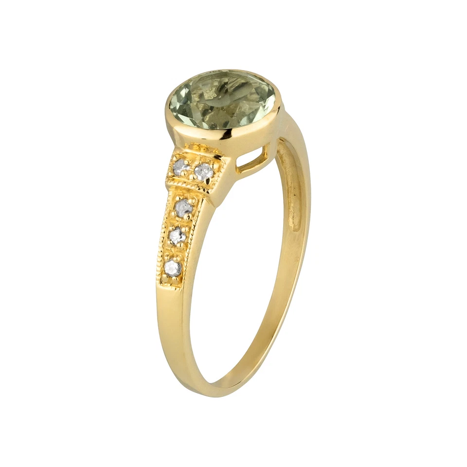 10k Yellow Gold Vintage Style Genuine Round Green Amethyst and Diamond Ring - Image 2 of 4