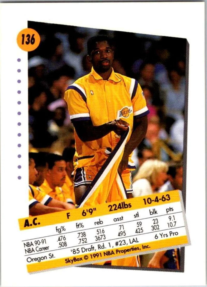 1991-92 SkyBox #136 A.C. Green  Los Angeles Lakers V77071 - Image 2 of 2