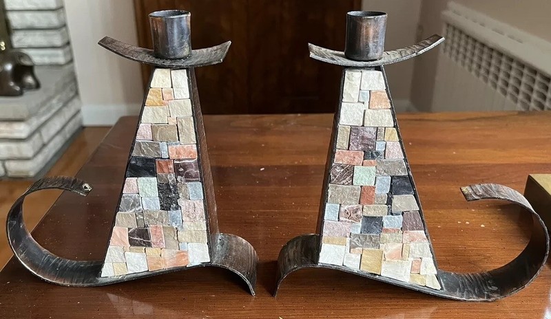 MCM Pair Of Eilon Mosaics Hammered Copper W/ Mosaic Stone Inlay Candle Holders