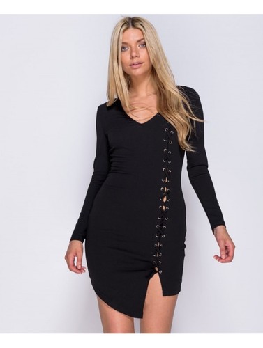 Abito tubino donna corto nero asimmetrico lacci laterali manica lunga  taglia M | eBay