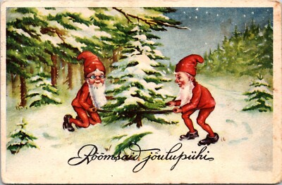 1937 FINNISH Christmas Postcard Elves Cut Down Christmas Tree Two Man Saw Snow