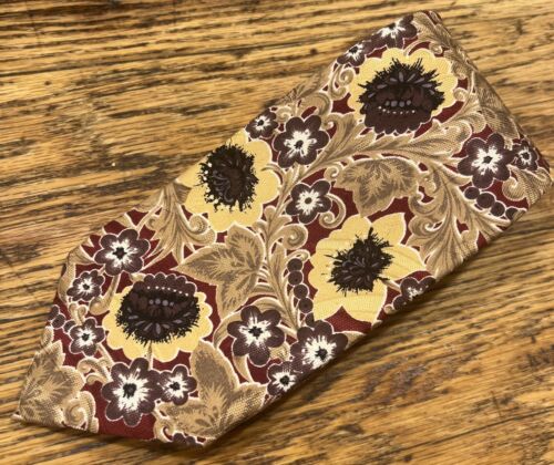 ROBERT TALBOTT Studio Men's Silk Necktie USA Designer Bold Floral, Gold/Burgundy