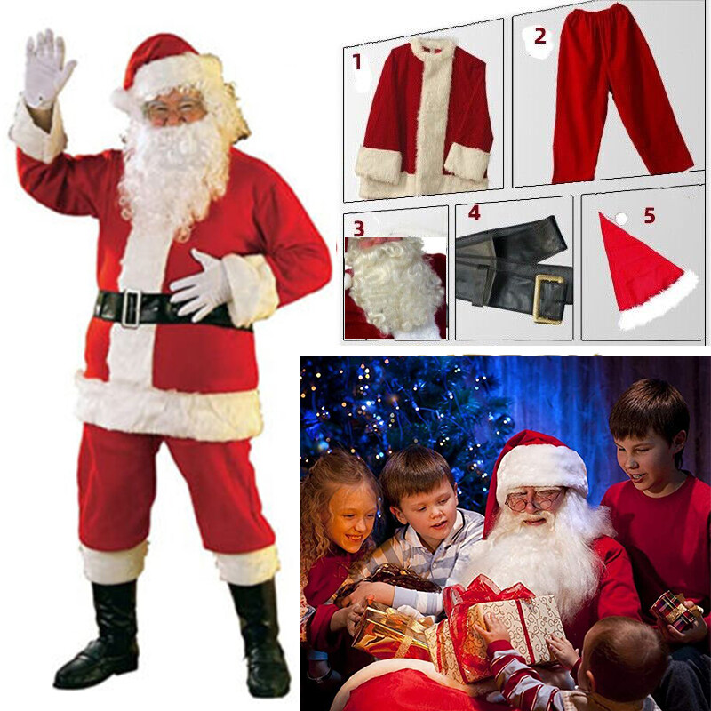 Feliz Navidad Papá Noel Disfraz Traje Conjunto de 5 piezas Adulto Juegos con disfraces Fiesta Conjunto Regalo
