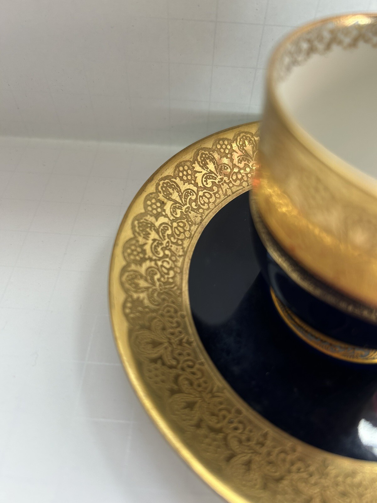 Jean Pouyat Limoges France Gold Encrusted Cobalt Demitasse Cups Saucer