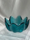 Blenko Blue Teal Textured Art Glass 8 Petal Lotus Flower Bowl Dish Trinket