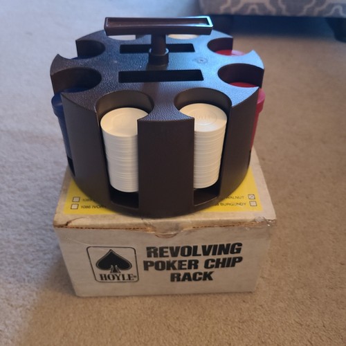 Vintage Revolving Hoyle Poker Chip Rack Caddy with Chips In Original Box Walnut 