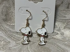Snoopy Gold Loop Enamel Drop Dangle Adorable Earring Set