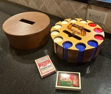 Vintage Wooden Poker Chip Carousel Caddy w/ Faux Leather Cover & Bakelite Handle