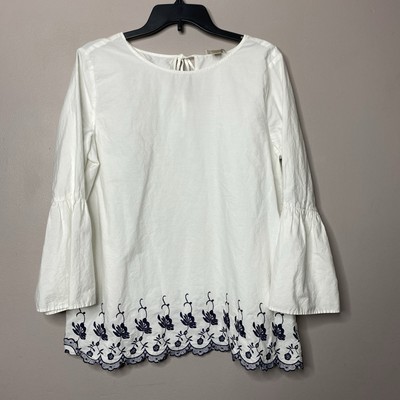 Loft Outlet White Embroidered Blouse Top Flare Bell Sleeves  Women Size L