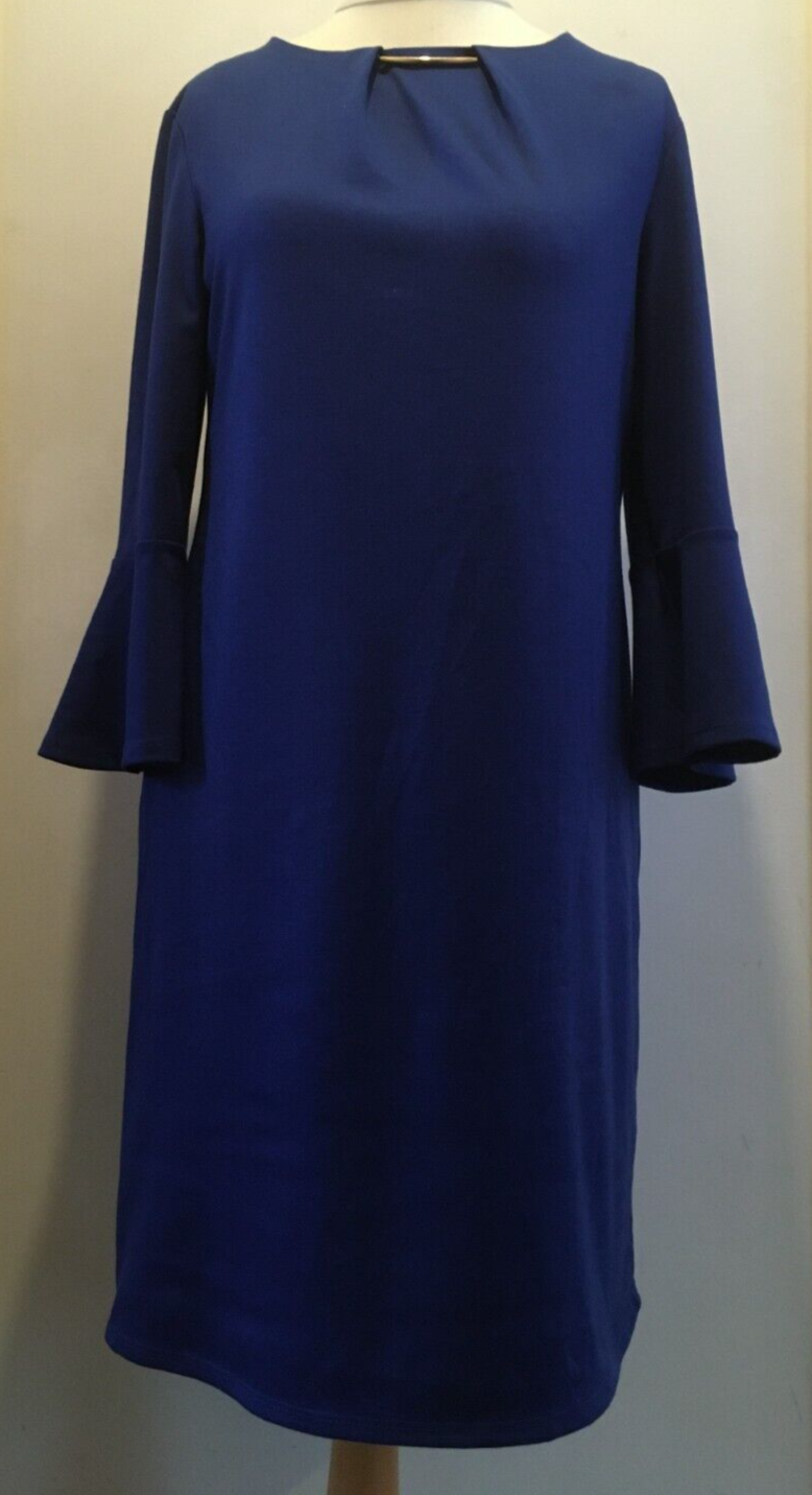 Debenhams Flute Sleeve Dress Keyhole Button Stretch 12 Uk BNWT RRP £38.49 Blue