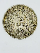 1917 A German 1/2 Mark Silver Coin
