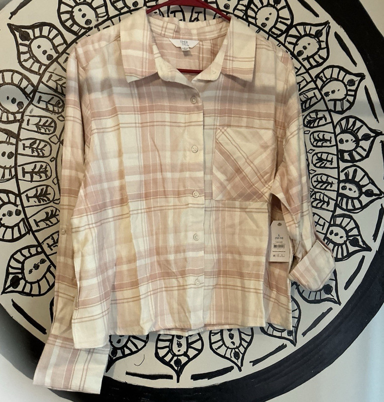 Time and Tru Girls L (12-14) Plaid Long Sleeve Collared Button-Up Beige