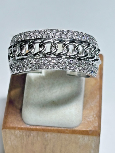 Rhodium Plated Sterling Silver CZ Cuban Link Chain Men's Ring 5.4g Sz 8.5