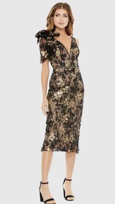 Mac Duggal 79337 Sz 14 Black Nude Floral Embellished Midi Gown $398