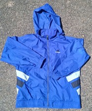 Vintage Adidas Men's Hooded Full Zip Windbreaker Jacket Blue Striped Size M