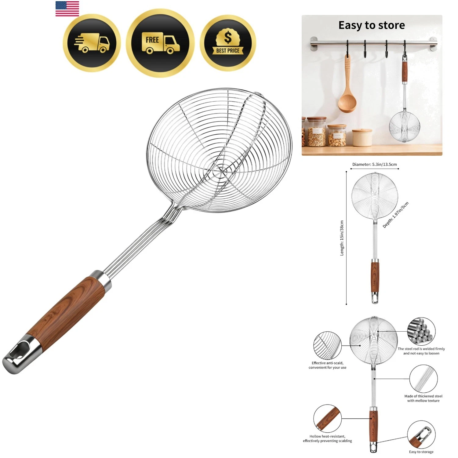 5.3" Spider Strainer Skimmer Spoon with Handle, Stainless Steel Wire Strainer...