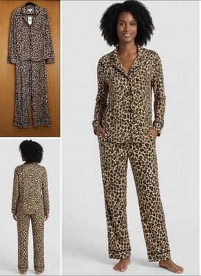 DKNY 2-Piece Leopard Pajama Set L Brown Black Long Sleeve Notch Collar Soft Knit