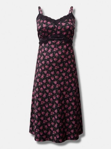 NWT Torrid Plus Tea Length Jacquard Lace Trim Cami Dress Sz 4X Black Midi Rose - Picture 4 of 8