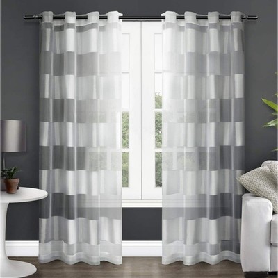 Navaro Striped Sheer Grommet Top Curtain Panel Pair, 54''x108'', Winter White