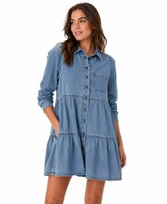 Loft Chambray Denim Tiered Shirt Dress XSP Blue Tunic Button Down Cottagecore