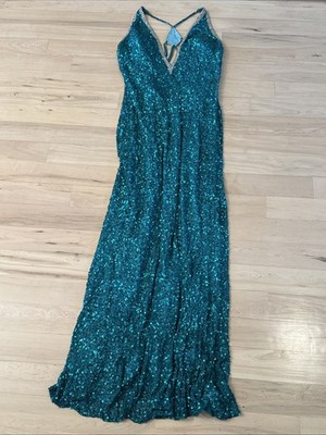 Vintage SCALA Sequin Gown-Silk Turquoise Dress   80s-Old Hollywood-Cut out-XL