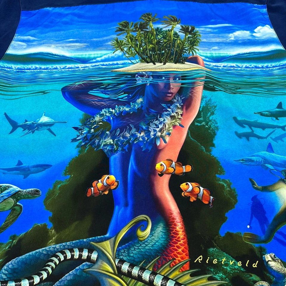 Rietveld Hawaiian Shirt Mens XL Blue Mermaid Island Underwater Graphic USA Ocean - Image 3 of 4