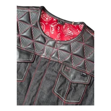 First MFG Co Women’s XL Black Leather Denim Motorcycle Vest Red Stitch Concealed