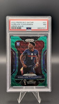 2022 Panini Prizm World Cup France Aurelien Tchouameni Green Wave Refractor PSA7