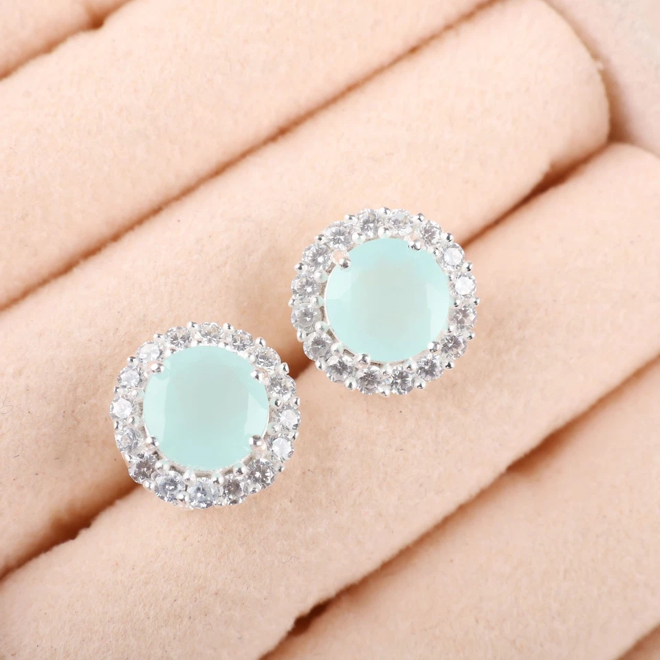 Piedras preciosas de calcedonia aguamarina 925 joyería circonita tachuelas 0,46" para ella Foto 2 de 4