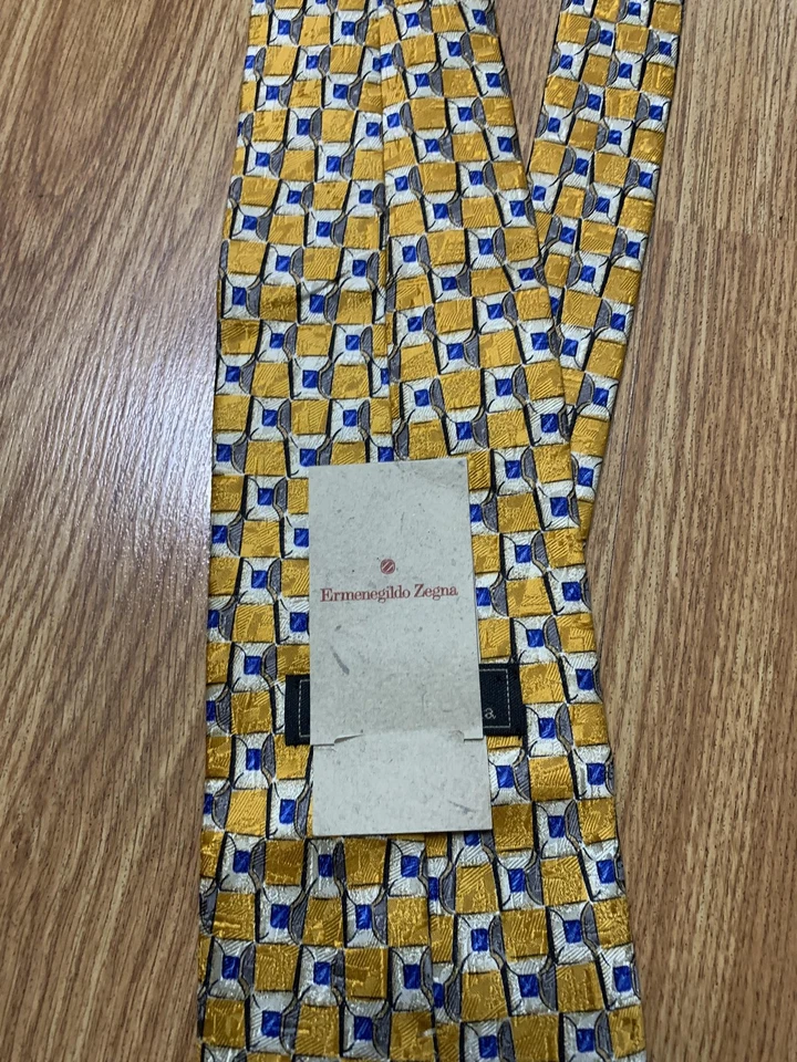Ermenegildo Zegna Tie Mens Silk Yellow Blue Geometric Pattern Necktie Jacquard - Image 4 of 4