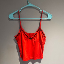 Women s Red Satin Cami Shorts Pajama Set Lace Trim Bow V-Neck Size L