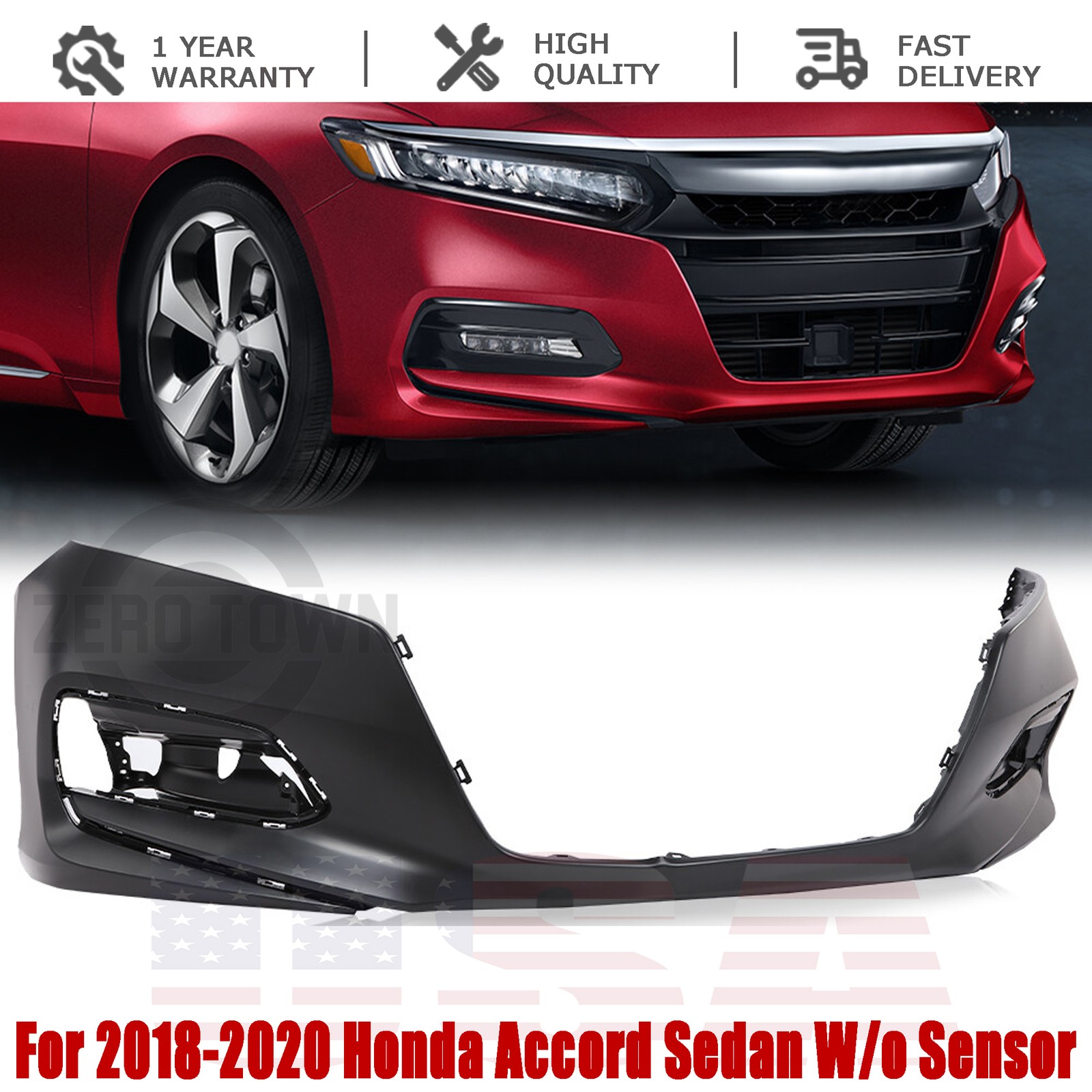 Front Bumper Cover Fit For 2018-2020 Honda Accord Sedan W/o Sensor HO1000314