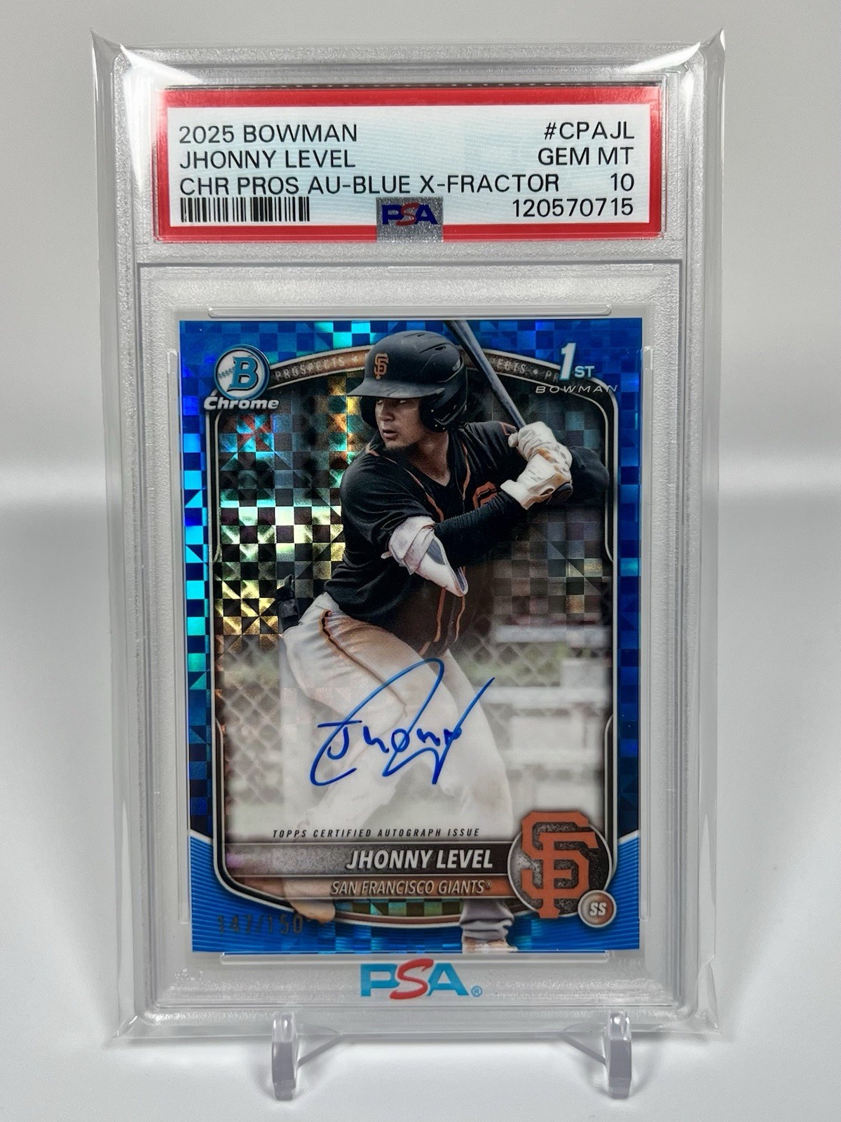 2025 Bowman Jhonny Level 1st Chrome Blue Refractor Auto /150 PSA 10 Giants