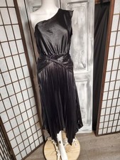 Black Evening Ruched One-Shoulder Formal Midi Dress Hankie Pixie Nicks Hem M