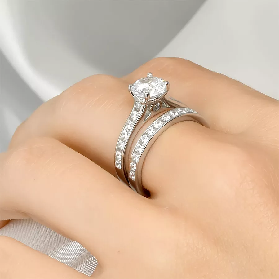 Womens Genuine 2.0 Carat Wedding Band Engagement Ring Set Bridal Silver  Size 5-9