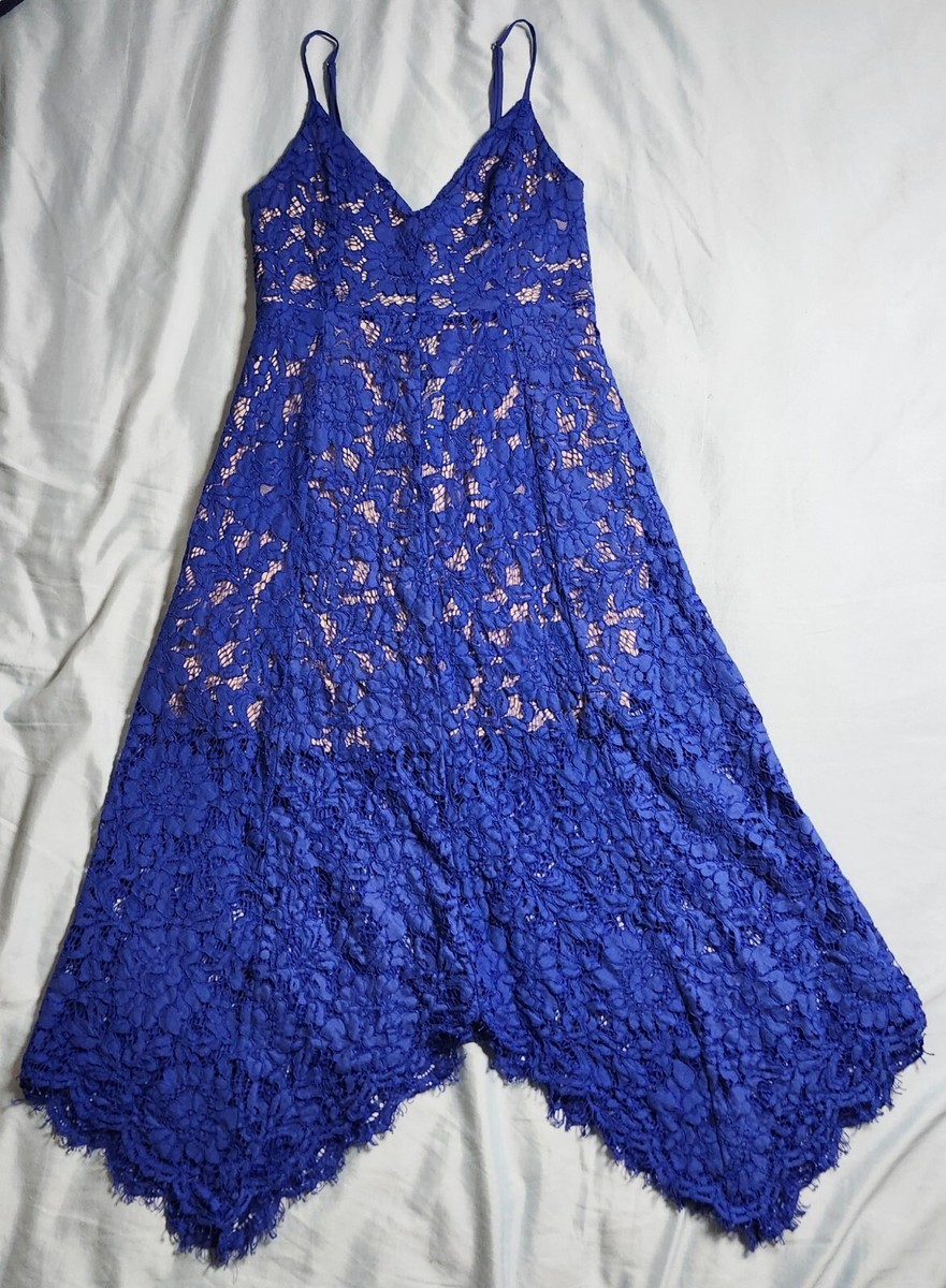 Lulus Lace Midi Dress with Handkerchief Hem Color Royal Blue Women's Size S