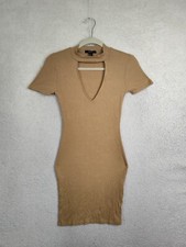 Forever 21 Women Dress Small Brown Rayon Blend Short Sleeve Cut Out Ribbed Mini