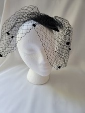Women's black wool mini hat fascinator, with veil, one size