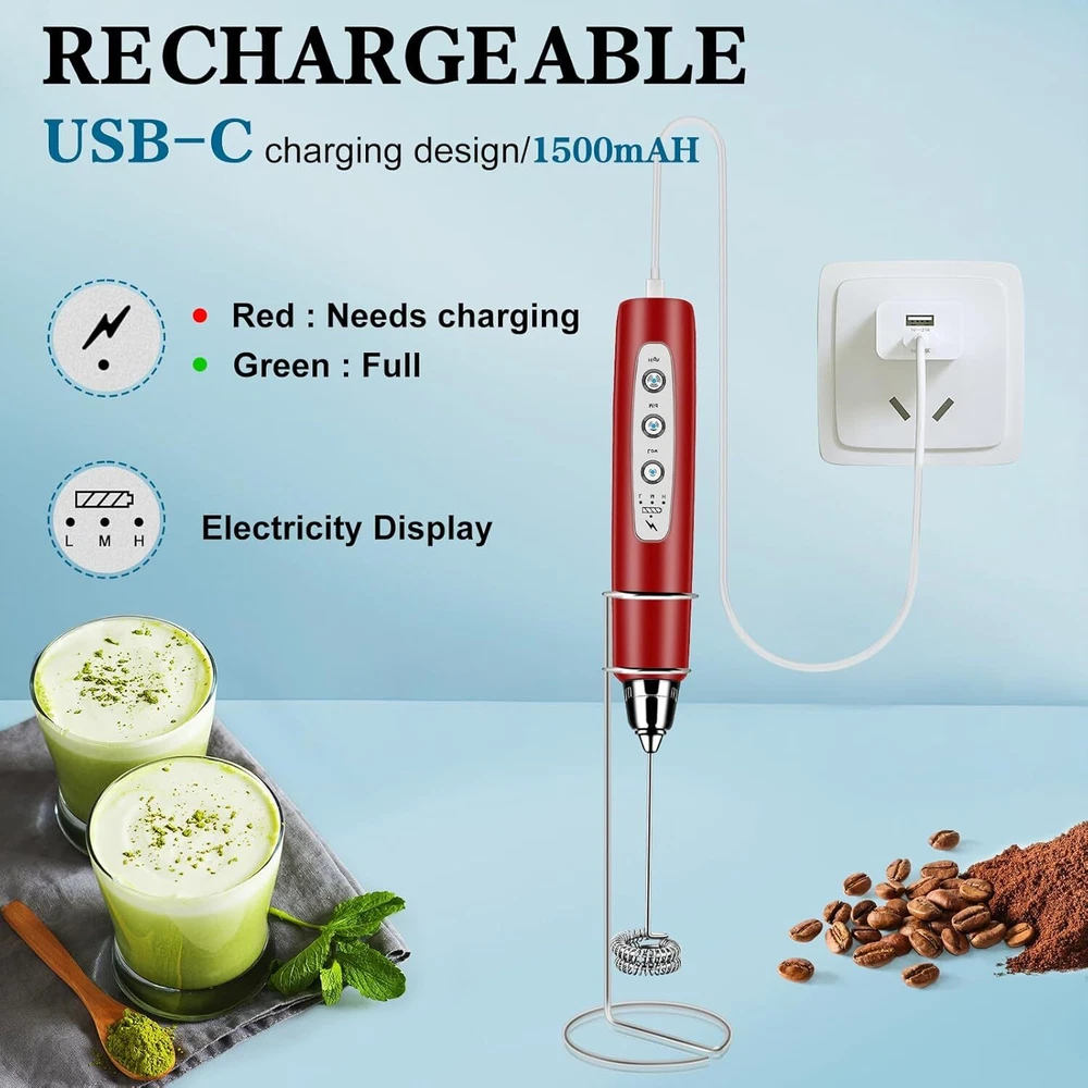 Milk Frother Handheld with Stand, Electric Whisk 3 Speed Adjustable, Red