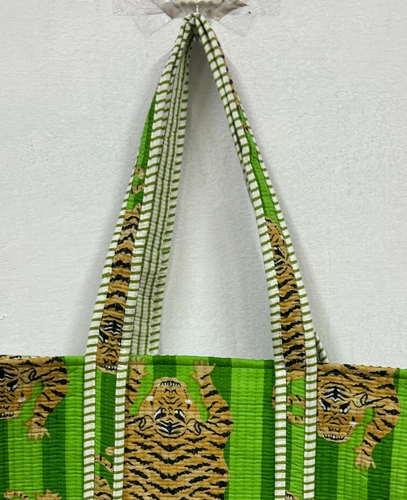 Luxury Green Stripes & Tiger Hand Block Print Quilted Tote Bag Shopping Bag - Picture 3 of 6