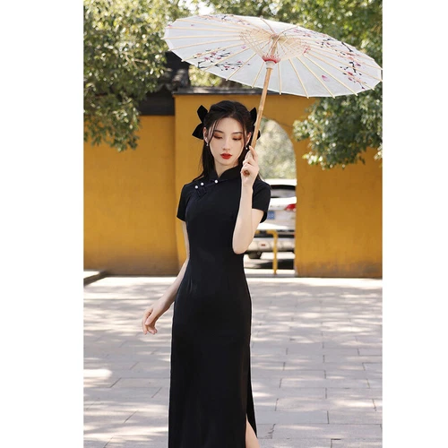 Mujeres Negro Largo Qipao Vestido Mejorado Cheongsam Elegante Chino Tradicional Club - Imagen 5 de 11