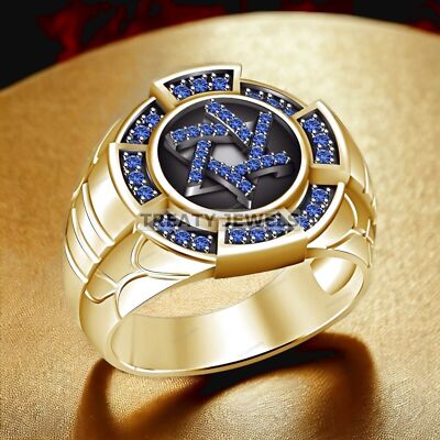 Blue Sapphire Round Cut With 14K Solid   Gold  Ring For Men #400